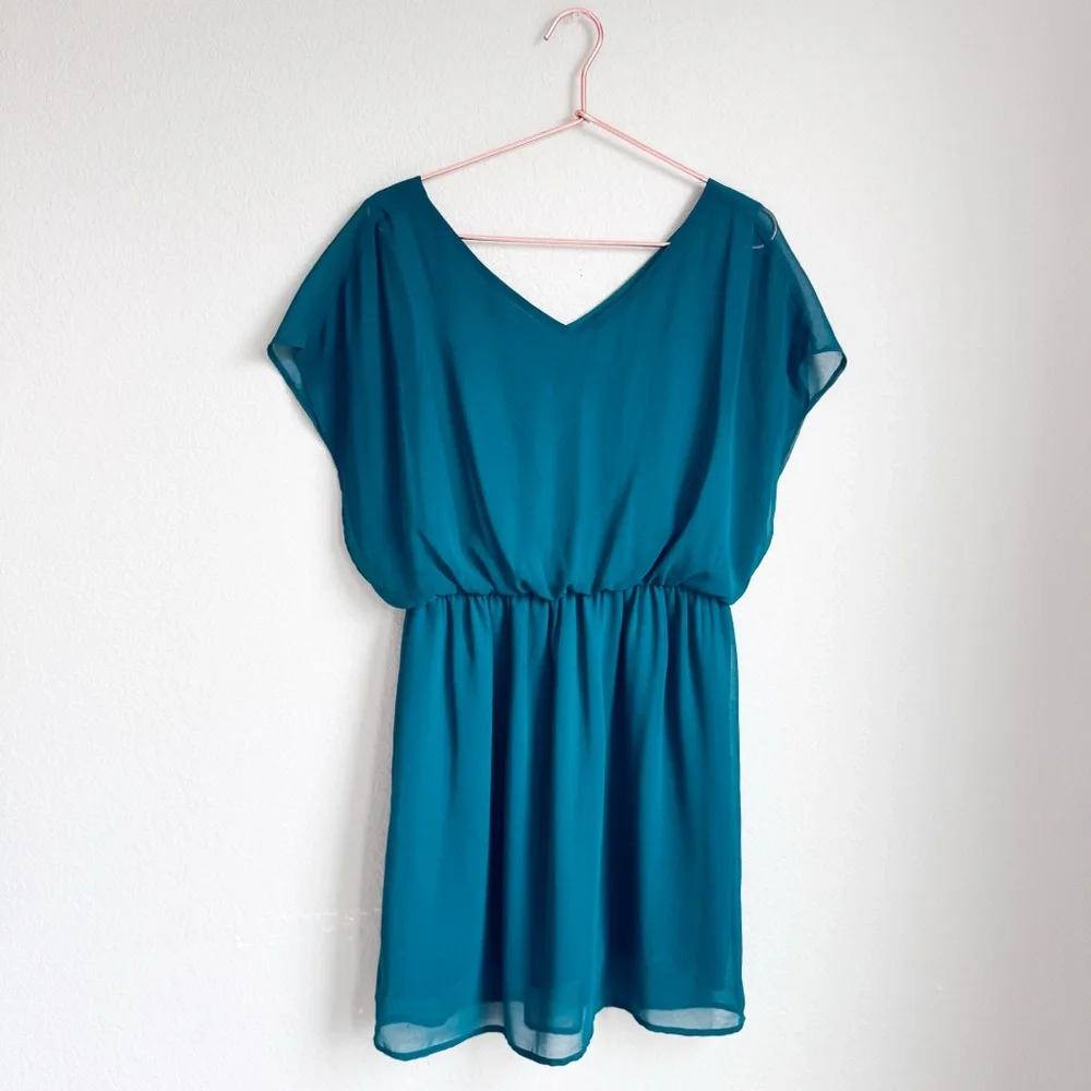 Lush Hunter Green Chiffon Mini Dress V Neck Flowy Cocktail Wedding Guest M - Picture 2 of 6